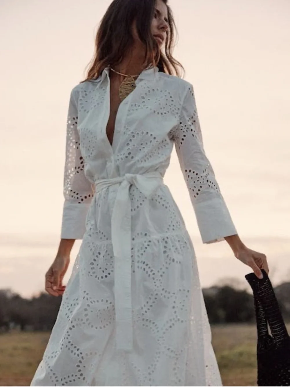 Zara Viral White Cotton Eyelet Embroidered Drop Waist Midi Shirt Dress - XS - Picture 3 of 10